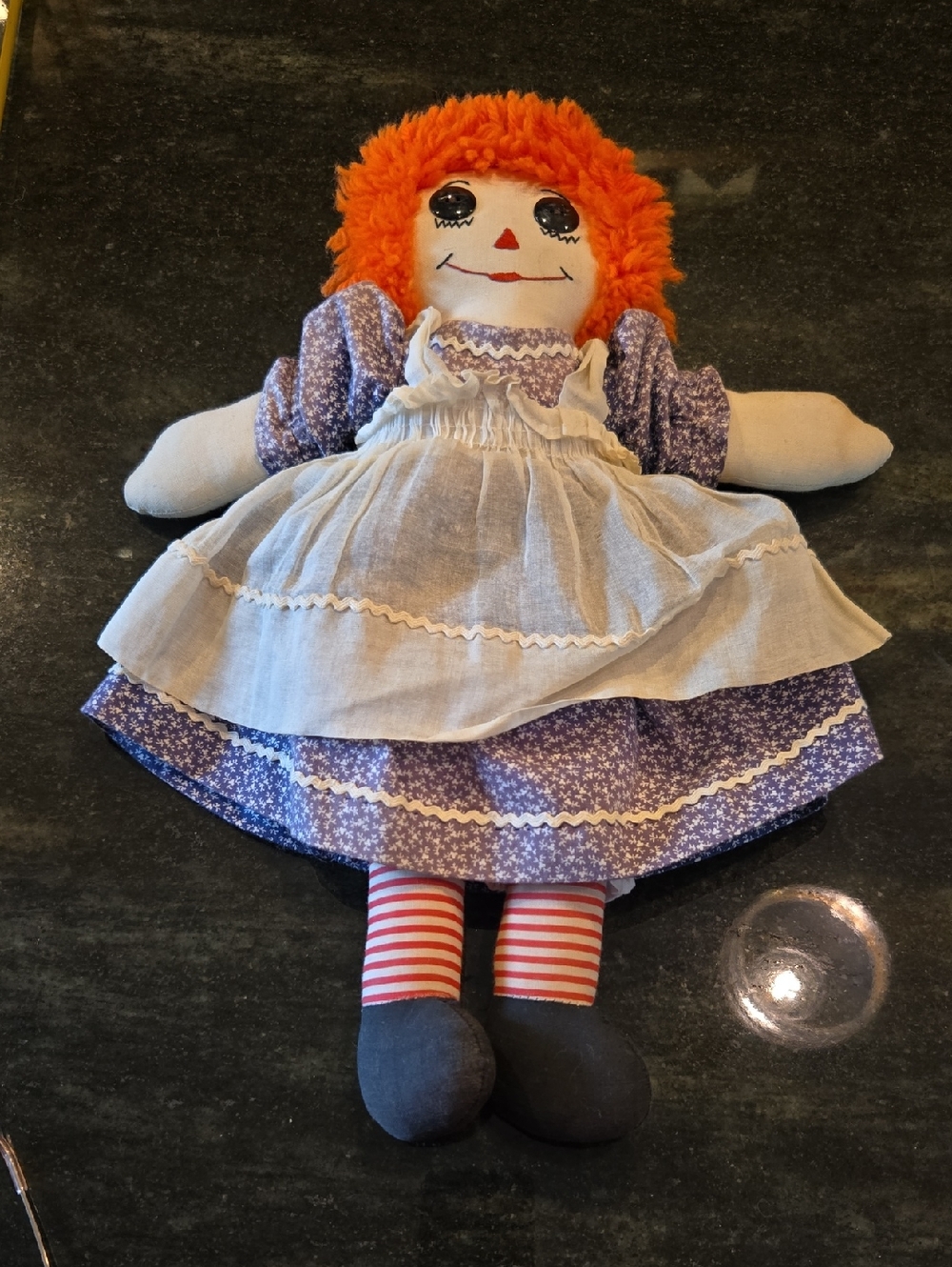 Raggedy Ann Handmade Style Rag Doll with Orange Yarn Hair and Purple/ Blue Dress